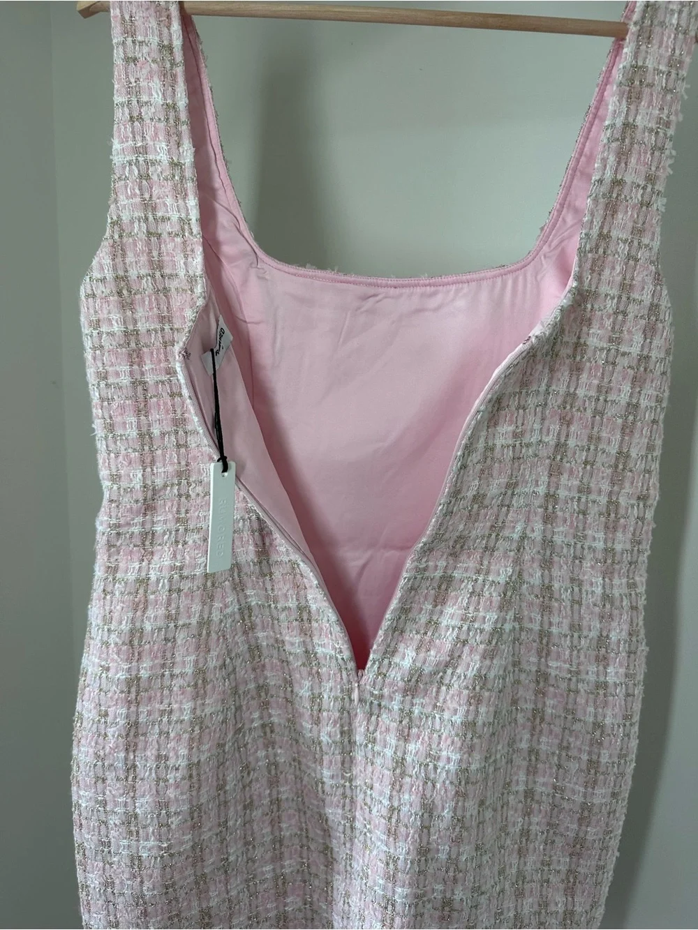 NWT Rumored Twiggy Tweed Square Neck Mini Dress in Pink Shimmer